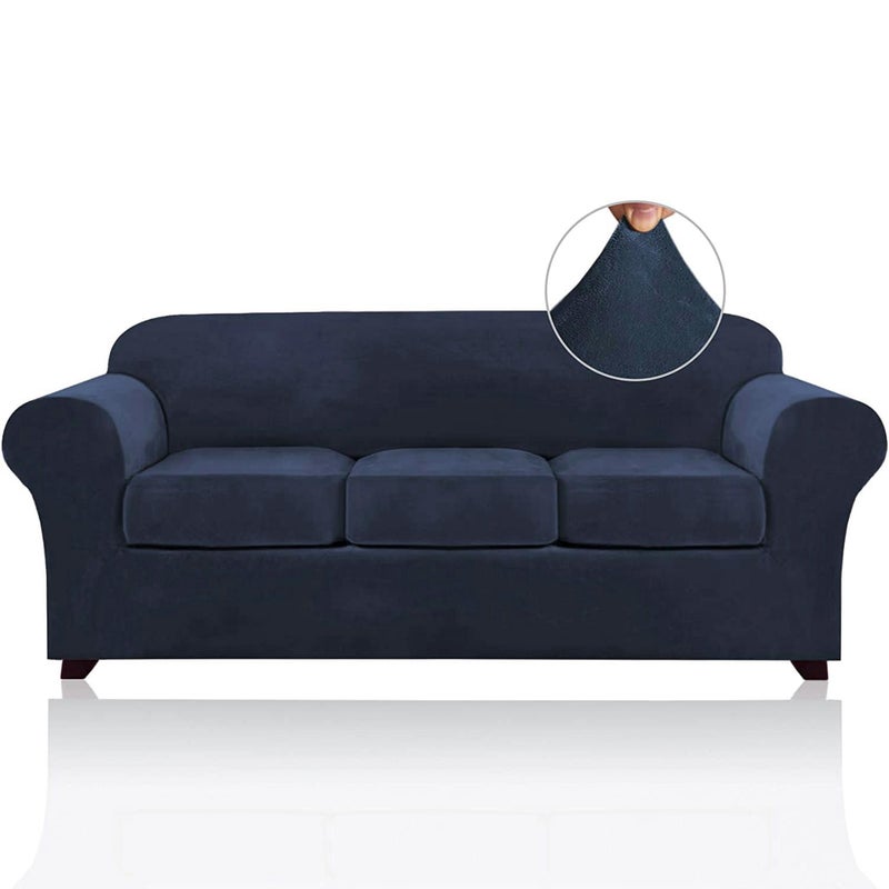 PrinceDeco Velvet Couch Covers for Sofa Soft 4 Pieces Couch Covers for 3 Cushion Couch Sofa Pet Friendly Furniture Protector with Non Slip Elastic Bottom Width Up to 90 Inch (Large, Navy) - Image 1